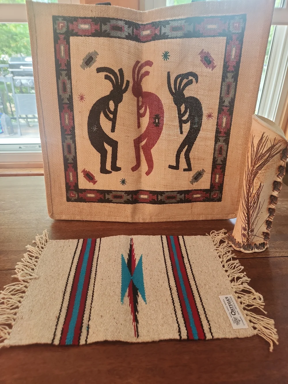 Southwestern Lot Decorative Wool Mat,HandCrafted Vase, &Kokopellia Bulap Bag
